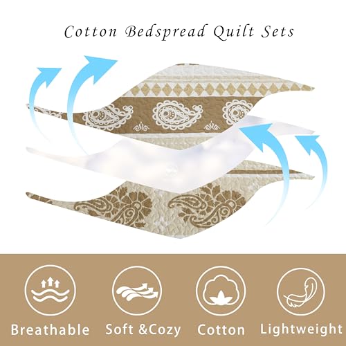 AJOCCI Brown Taupe Quilt, Paisley Comforter Set Queen 100% Cotton Bedding Comforter Sets,Striped Pattern Bed Set, Lightweight Reversible Bedspreads, Machine Washable Coverlet Neutral 3 Pieces - Image 5