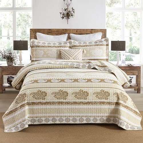 AJOCCI Brown Taupe Quilt, Paisley Comforter Set Queen 100% Cotton Bedding Comforter Sets,Striped Pattern Bed Set, Lightweight Reversible Bedspreads, Machine Washable Coverlet Neutral 3 Pieces - Image 1