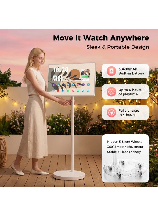 VLH M01 32 Inch Portable Smart TV on Wheels, 1080P Touch Screen Tablet on Rolling Stand, Built-in Battery and Camera, Android 15, 8GB RAM + 128GB Storage, Voice Remote Control, Suitable for Bedroom, Kitchen, Office - Image 4