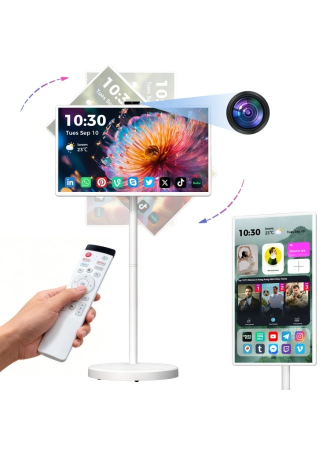 VLH M01 32 Inch Portable Smart TV on Wheels, 1080P Touch Screen Tablet on Rolling Stand, Built-in Battery and Camera, Android 15, 8GB RAM + 128GB Storage, Voice Remote Control, Suitable for Bedroom, Kitchen, Office - Image 1