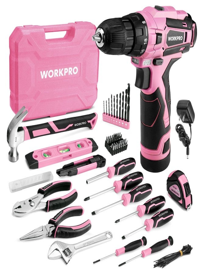 WORKPRO Pink Tool Set with Power Drill, 108PCS Portable Ladies Pink Drill Kit for Home with Toolbox and Pink Hammer, 1.5 Ah Cordless Drills with Keyless Chuck and Variable Speed Trigger - Pink Ribbon - Image 1