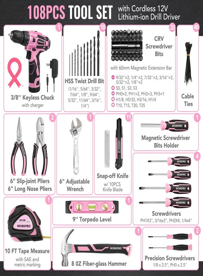 WORKPRO Pink Tool Set with Power Drill, 108PCS Portable Ladies Pink Drill Kit for Home with Toolbox and Pink Hammer, 1.5 Ah Cordless Drills with Keyless Chuck and Variable Speed Trigger - Pink Ribbon - Image 2