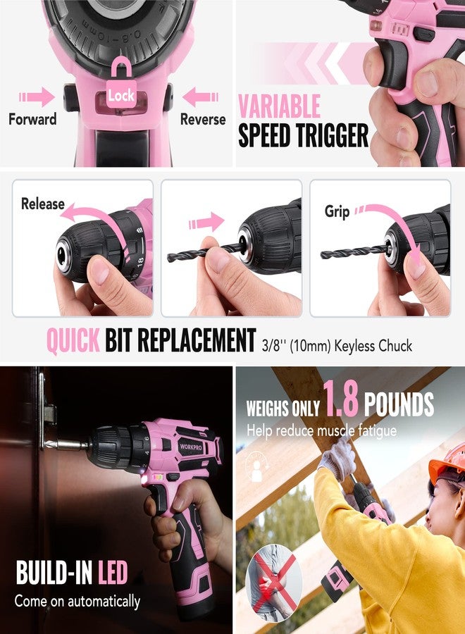 WORKPRO Pink Tool Set with Power Drill, 108PCS Portable Ladies Pink Drill Kit for Home with Toolbox and Pink Hammer, 1.5 Ah Cordless Drills with Keyless Chuck and Variable Speed Trigger - Pink Ribbon - Image 5