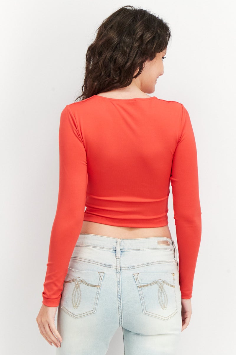 NA-KD Women Asymmetrical Neck Long Sleeves Plain Top, Red - Image 4