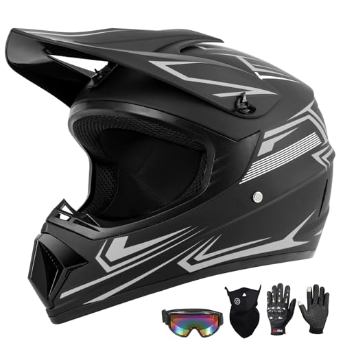 TIANDU Youth Kids Dirt Bike Motocross Helmet Goggles Gloves Face Mask 4PCS Set DOT Approved Boys Full Face Motorcycle Helmets ATV BMX MX Mountain Bike Off Road Kid Helmet Gray S - Image 1