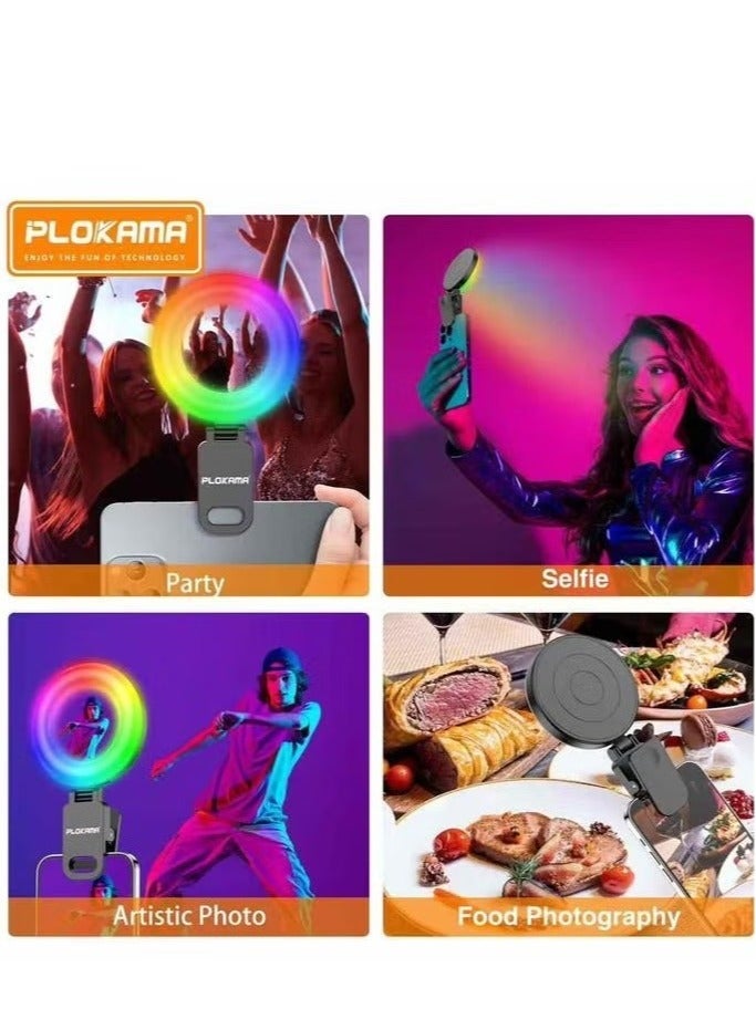 PLOKAMA U20 PRO Ring Selfie Mirror Mini RGB Clip LED Fill Light – Portable Video Lighting with Tripod Clamp for Mobile Phone & Camera (Black) - Image 3