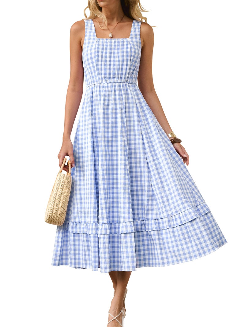 Caracilia Womens Summer Casual Gingham Plaid Midi Dress Sleeveless Square Neck Flowy Beach Vacation Sundress with Pockets - Image 1