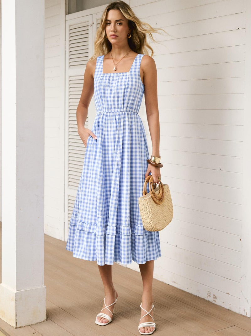 Caracilia Womens Summer Casual Gingham Plaid Midi Dress Sleeveless Square Neck Flowy Beach Vacation Sundress with Pockets - Image 2