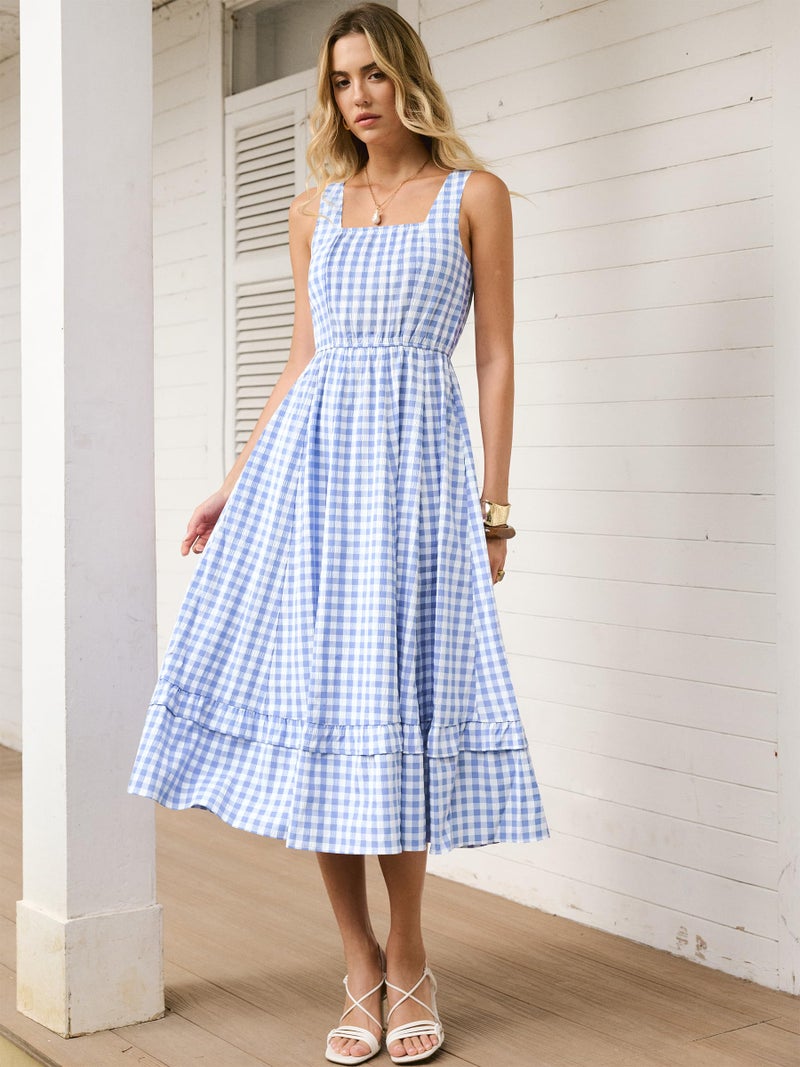 Caracilia Womens Summer Casual Gingham Plaid Midi Dress Sleeveless Square Neck Flowy Beach Vacation Sundress with Pockets - Image 4