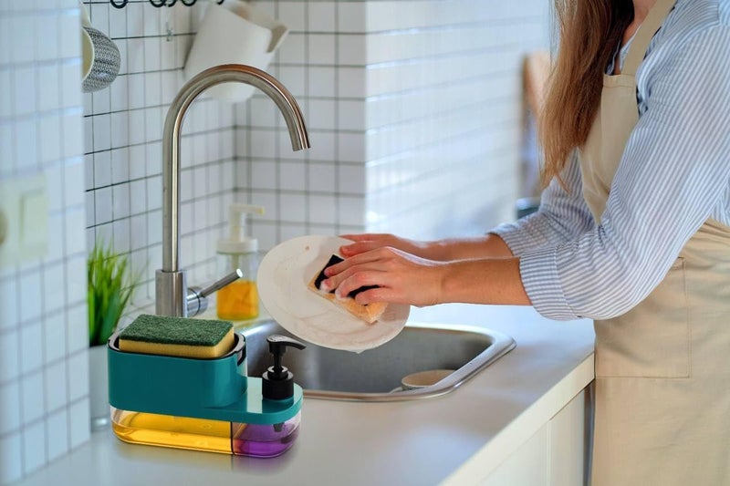 PRETOX Soap Dispenser for Kitchen with Sponge Holder 400ml, Hollow Design Durable & Smooth Body Rust Proof 3 in 1 Liquid Soap Dispenser Sink Dish Washing Soap Dispenser Set (Multi Colors) - Image 2