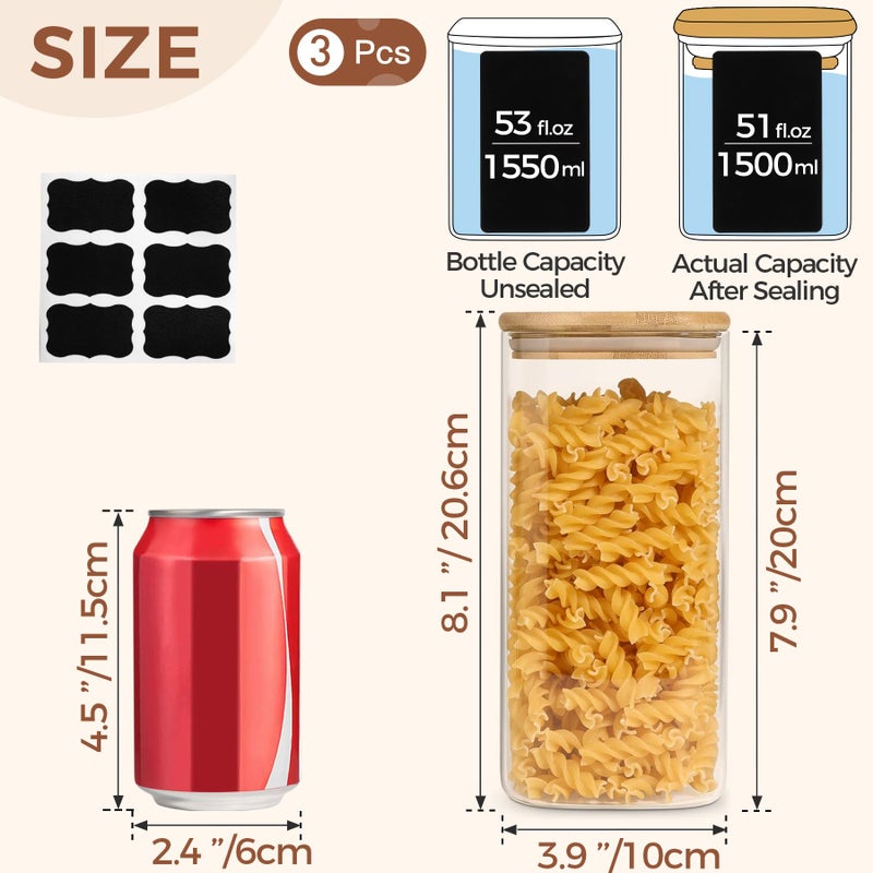 ComSaf Airtight Glass Storage Canister with Wood Lid (51 oz)  Clear Food Storage Container Jar with Sealing Lids for Oat Pasta Flour Cereal Rice Sugar Tea Coffee Beans  Set of 3 Square Cookie Jar - Image 2