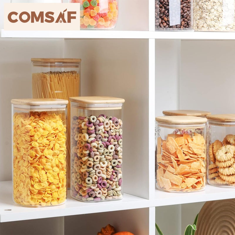 ComSaf Airtight Glass Storage Canister with Wood Lid (51 oz)  Clear Food Storage Container Jar with Sealing Lids for Oat Pasta Flour Cereal Rice Sugar Tea Coffee Beans  Set of 3 Square Cookie Jar - Image 5