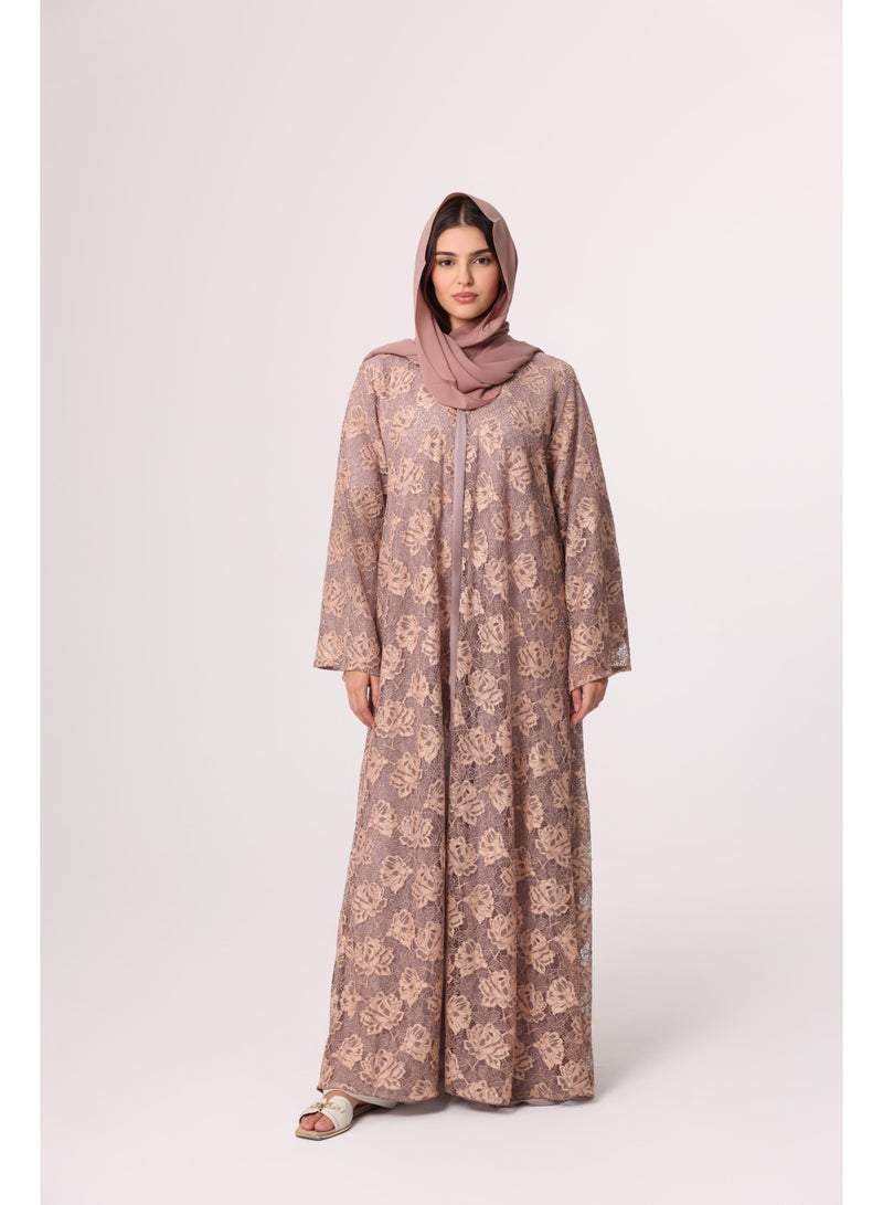 اكسا عباية طبقات بتصميم دانتيل زهري ملون - Image 1