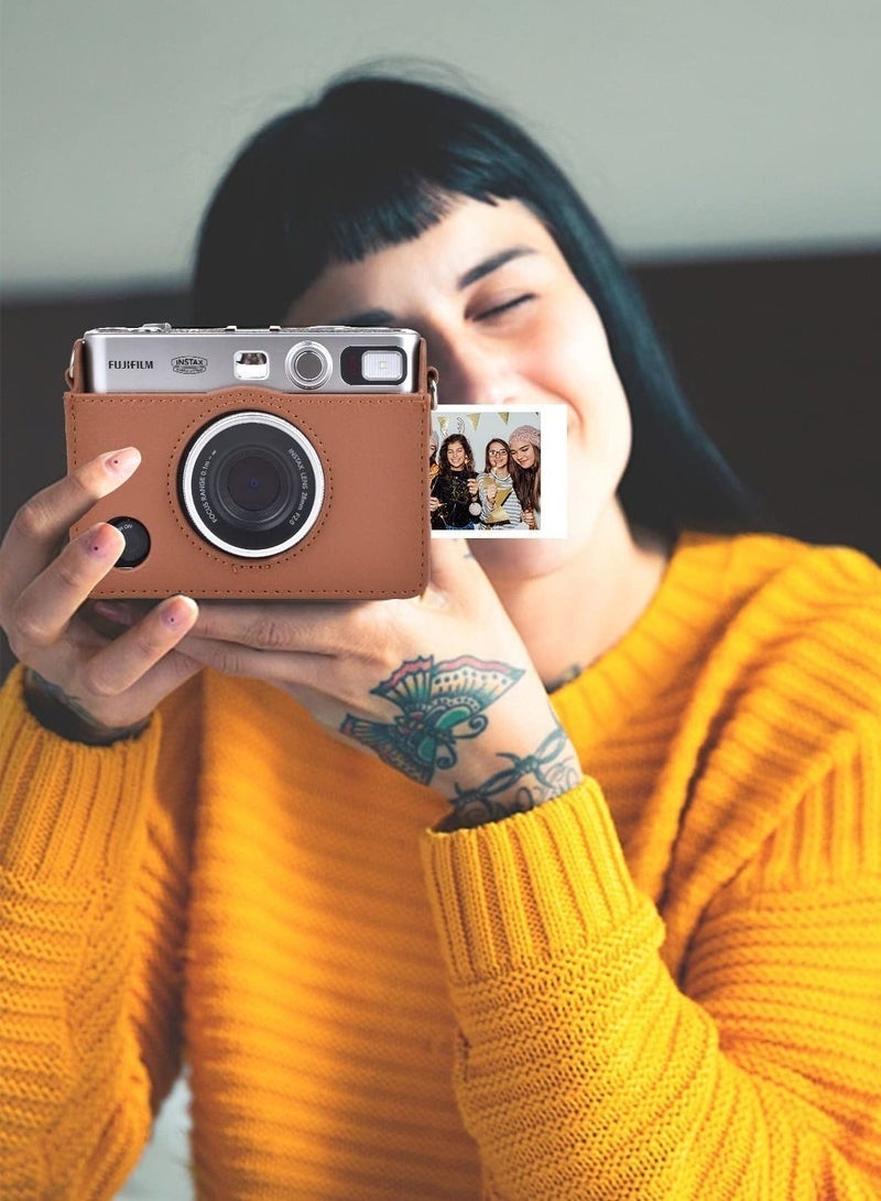 كيلا جراب متوافق مع كاميرا Fuji Mini EVO مع حزام كتف قابل للتعديل باللون البني وملمس ليتشي بتصميم أفقي - Image 5