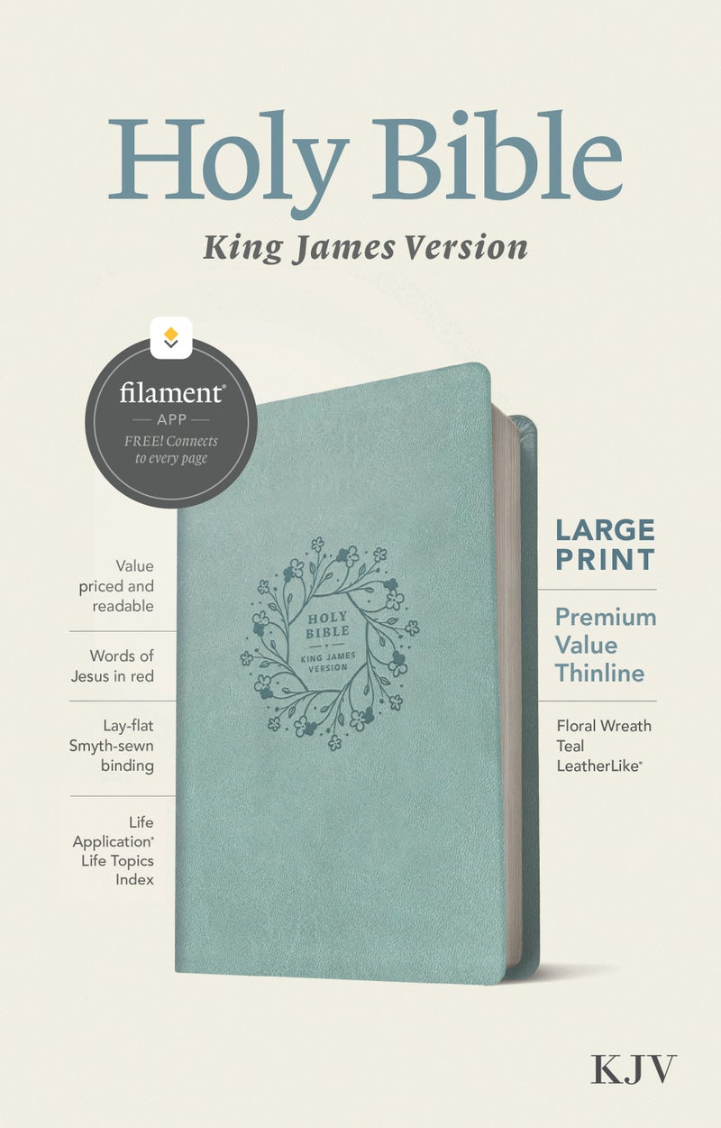 KJV Large Print Premium Value Thinline Bible, Filament-Enabled Edition (LeatherLike, Floral Wreath Teal, Red Letter) - Image 1