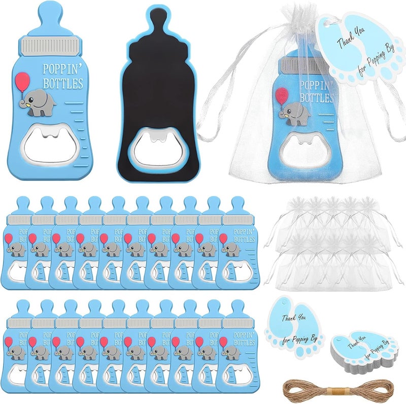Geiserailie 20 قطعة هدايا حفلة استقبال المولود للضيوف مفتاح زجاجات مغناطيسي مع بطاقات وأكياس أورجانزا وحبل خيش هدايا أو تذكارات للضيوف باللون الأزرق - Image 1