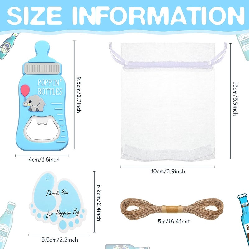 Geiserailie 20 قطعة هدايا حفلة استقبال المولود للضيوف مفتاح زجاجات مغناطيسي مع بطاقات وأكياس أورجانزا وحبل خيش هدايا أو تذكارات للضيوف باللون الأزرق - Image 5