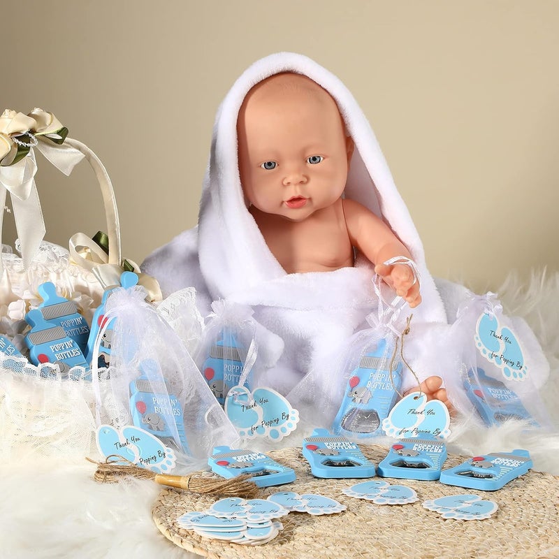 Geiserailie 20 قطعة هدايا حفلة استقبال المولود للضيوف مفتاح زجاجات مغناطيسي مع بطاقات وأكياس أورجانزا وحبل خيش هدايا أو تذكارات للضيوف باللون الأزرق - Image 4