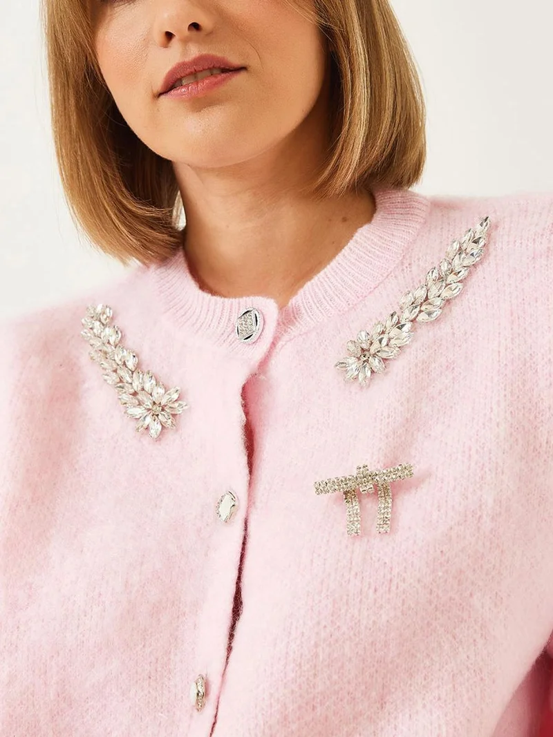 Bianco Lucci Powder Pink LUCCI Embellished Crew Neck Long Sleeve Cardigan for Women | Best Price UAE