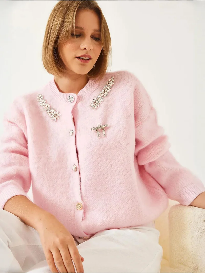 Bianco Lucci Powder Pink LUCCI Embellished Crew Neck Long Sleeve Cardigan for Women | Best Price UAE