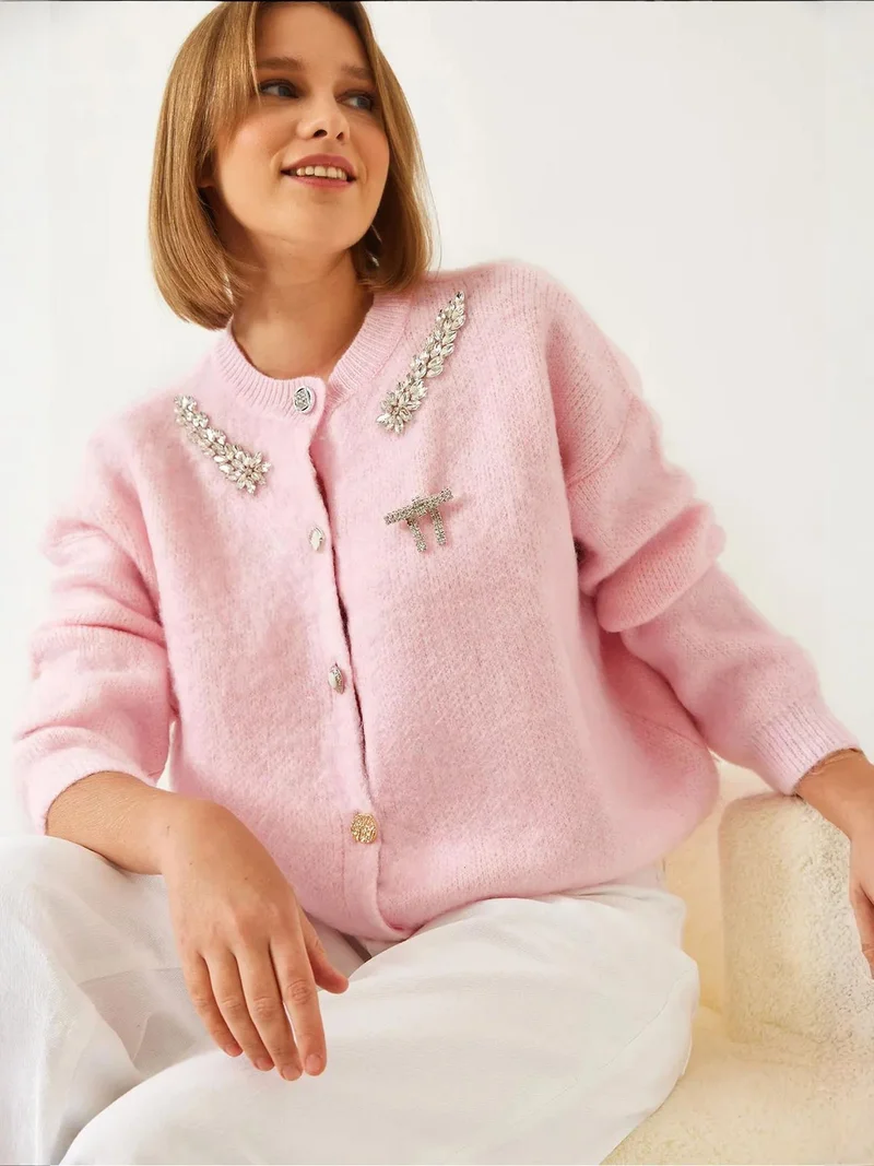 LUCCI Embellished Crew Neck Long Sleeve Cardigan