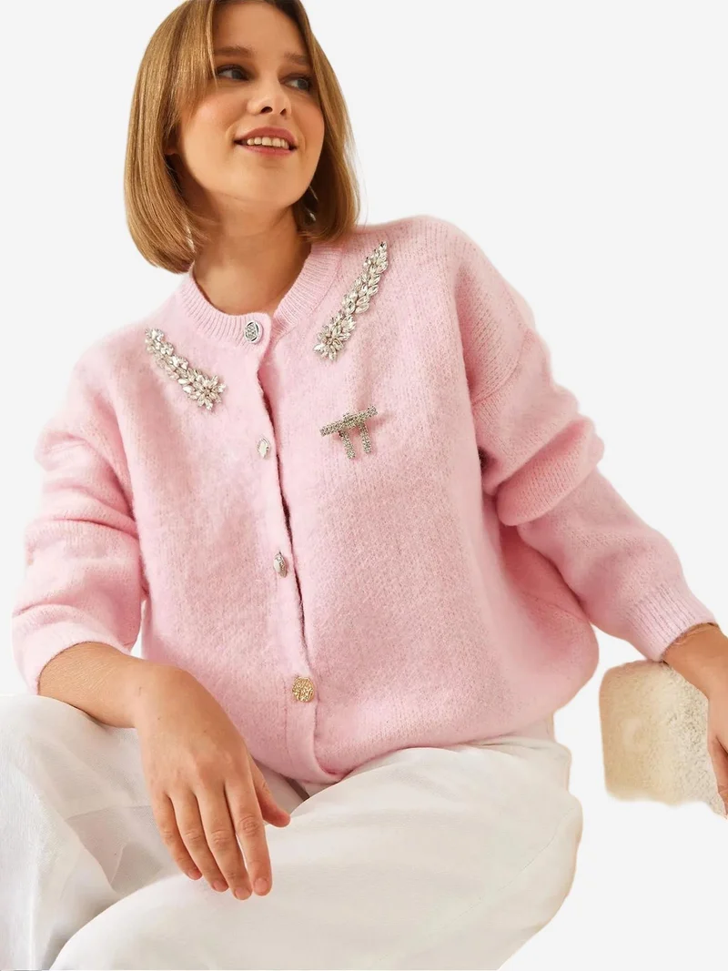 Bianco Lucci LUCCI Embellished Crew Neck Long Sleeve Cardigan