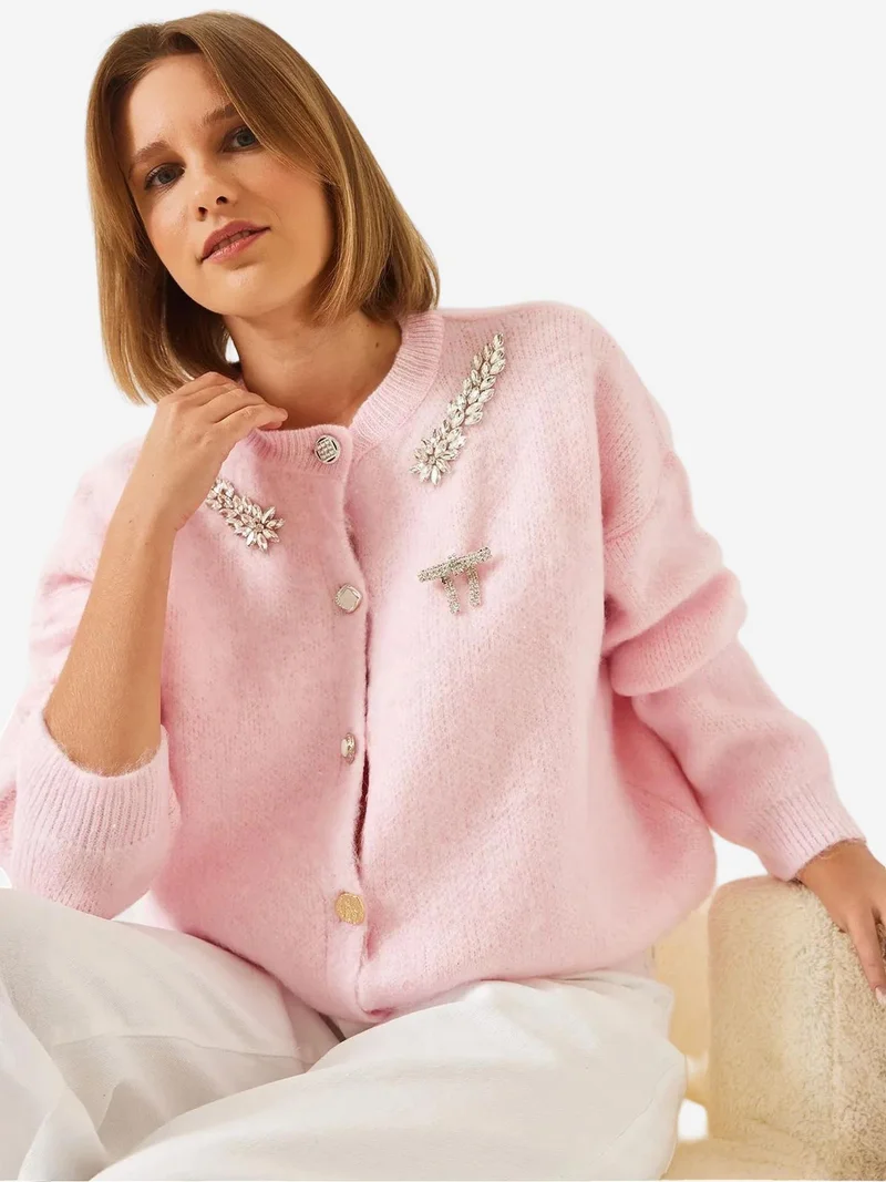 Bianco Lucci LUCCI Embellished Crew Neck Long Sleeve Cardigan