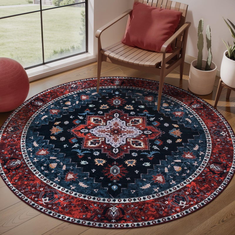 Ciicool Boho Area Rug 4x4ft Round Washable Bedroom Non-Slip Vintage Entryway Throw Low-Pile Indoor Carpet for Living Room Foyer - Image 1