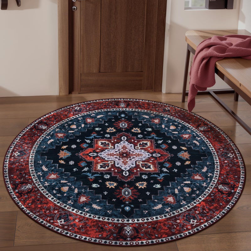 Ciicool Boho Area Rug 4x4ft Round Washable Bedroom Non-Slip Vintage Entryway Throw Low-Pile Indoor Carpet for Living Room Foyer - Image 2