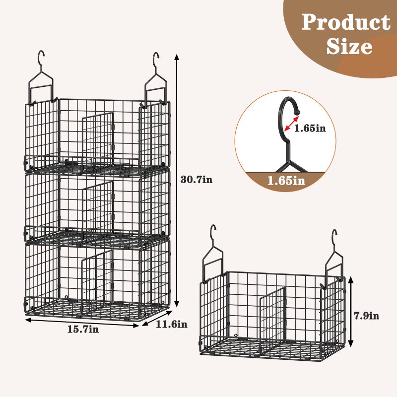 Sonyabecca 3-Tier Extra Large Closet Hanging Organizer with Dividers, Clothes Hanging Shelves with 2 Hanging Hooks & 5 S-Hooks, Wire Storage Baskets for Sweaters, Shoes, Handbags & Accessories - Image 3