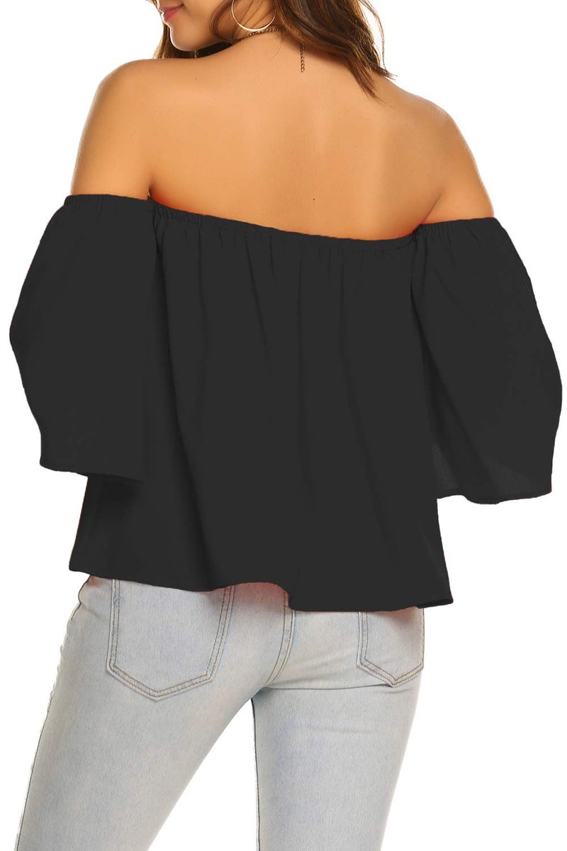 Bluetime Women Summer Off Shoulder Chiffon Blouse Ruffles Short Sleeves Tops Casual T Shirt (S, Black) - Image 4