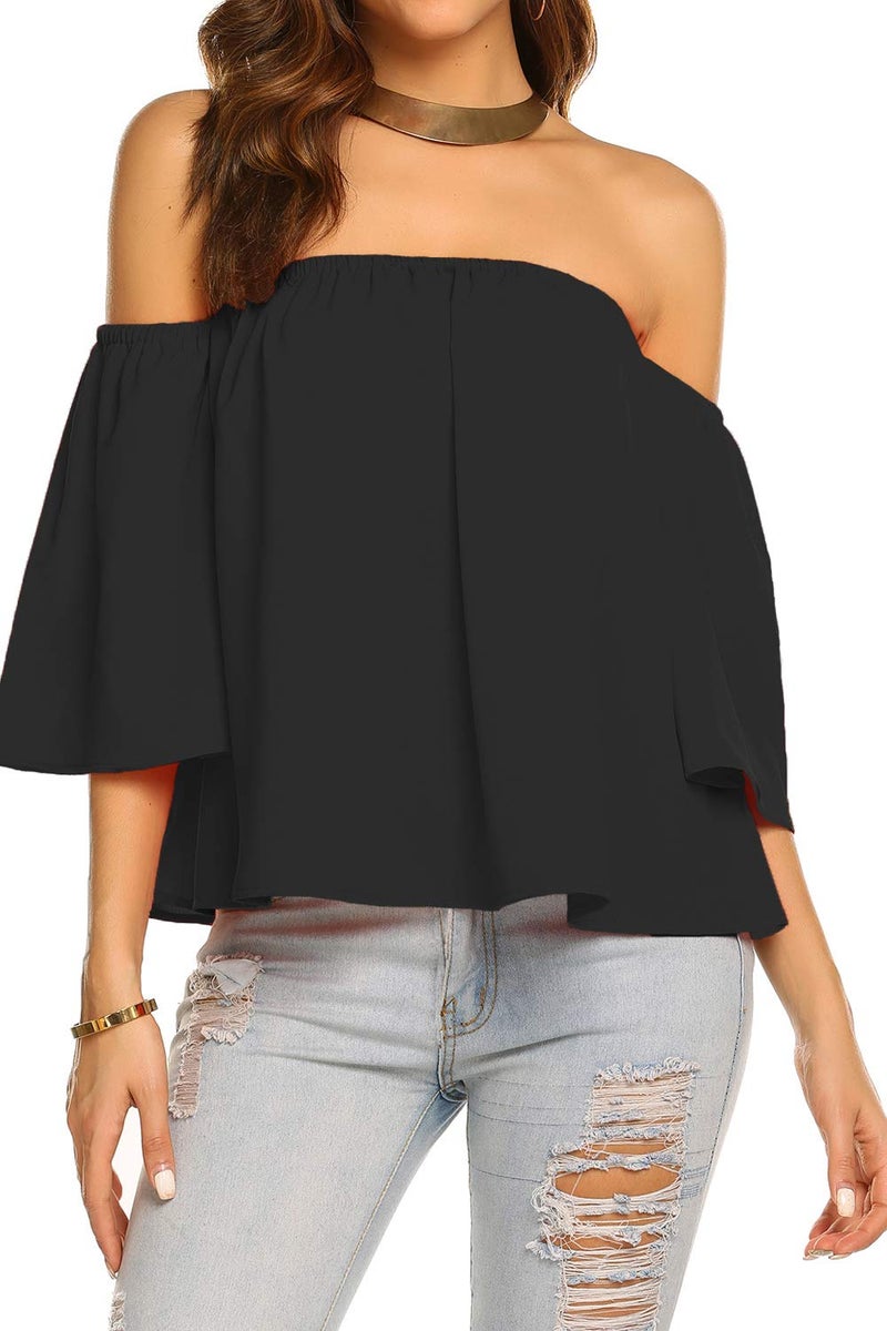 Bluetime Women Summer Off Shoulder Chiffon Blouse Ruffles Short Sleeves Tops Casual T Shirt (S, Black) - Image 2