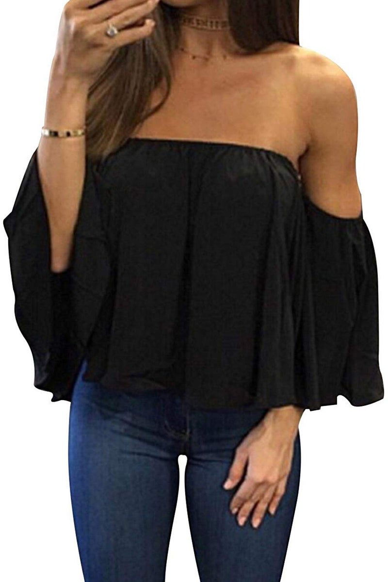 Bluetime Women Summer Off Shoulder Chiffon Blouse Ruffles Short Sleeves Tops Casual T Shirt (S, Black) - Image 1