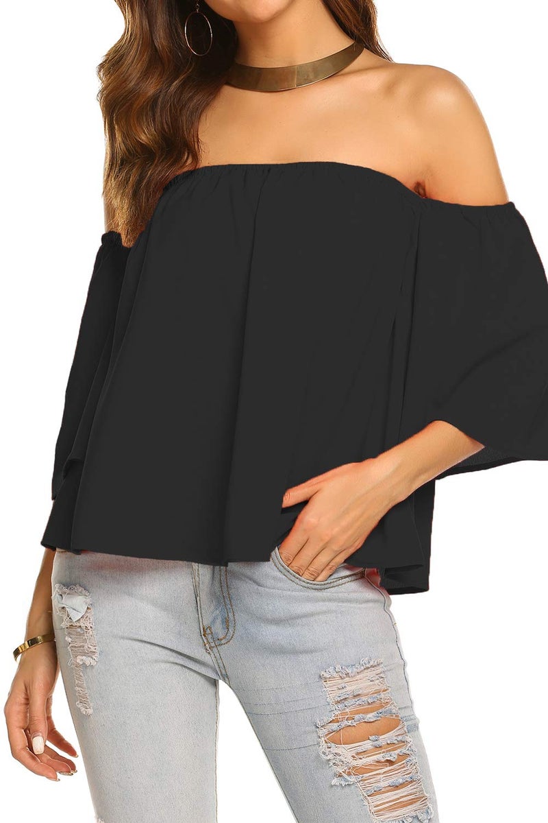 Bluetime Women Summer Off Shoulder Chiffon Blouse Ruffles Short Sleeves Tops Casual T Shirt (S, Black) - Image 3