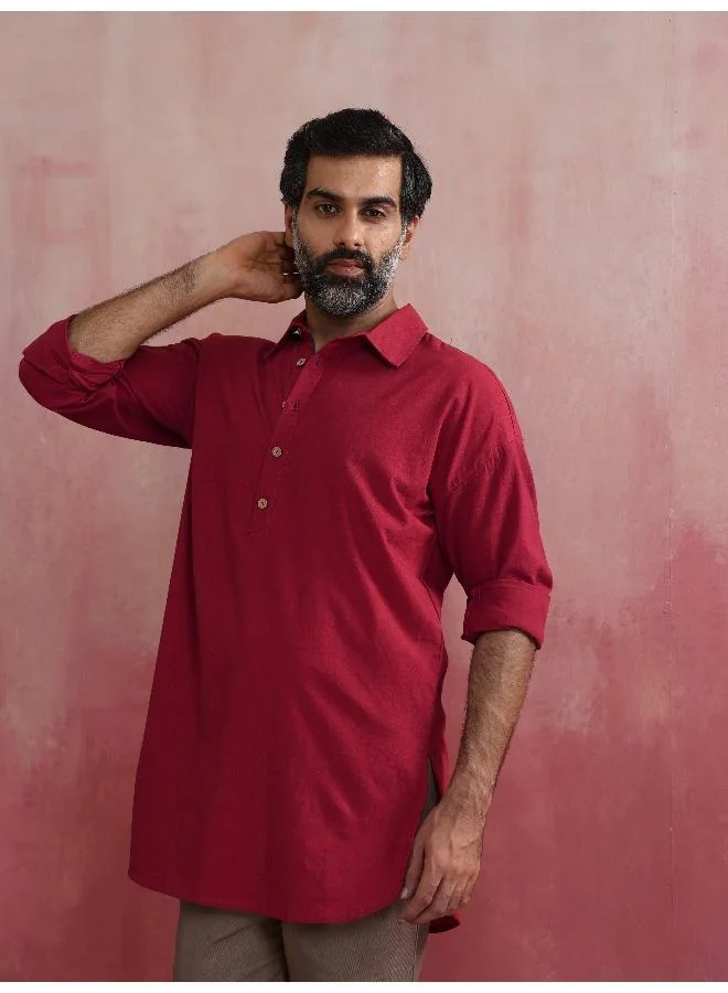trueBrowns Men's Maroon Cotton Shirt Collar Stylized Kurta