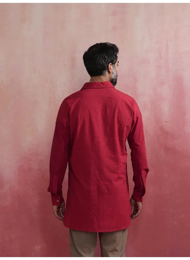 trueBrowns Men's Maroon Cotton Shirt Collar Stylized Kurta