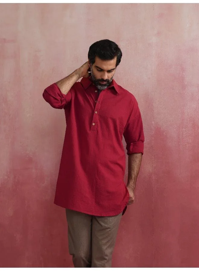 trueBrowns Men's Maroon Cotton Shirt Collar Stylized Kurta