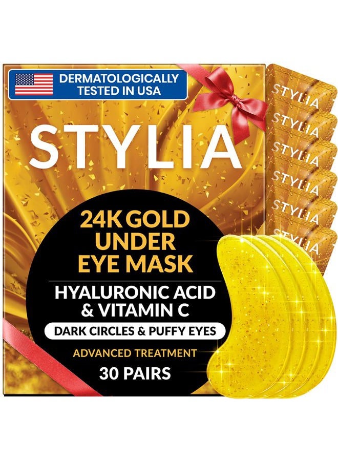 Stylia Under Eye Patches for Dark Circles and Puffy Eyes (30 Pairs), 24k Gold Eye Mask for Dark Circles and Puffiness, Vitamin C, Hyaluronic Acid, Pearl Extract, Collagen Eye Gel Pads for Puffiness - Image 1