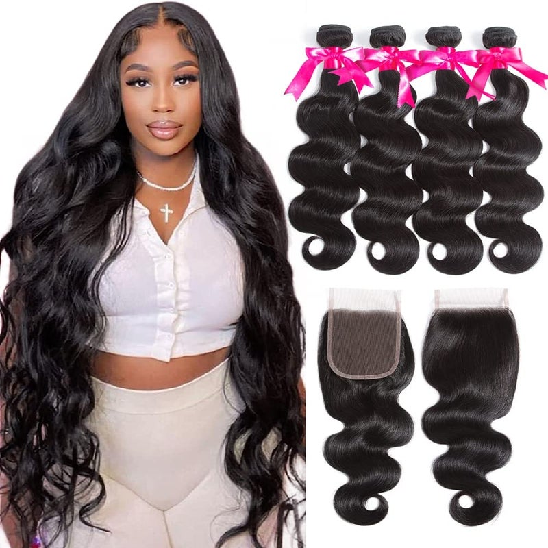 Flady 10A Brazilian Body Wave 4 Bundles with Closure Unprocessed Brazilian Virgin Human Hair Bundles with Closure 14 16 18 2012 Closure