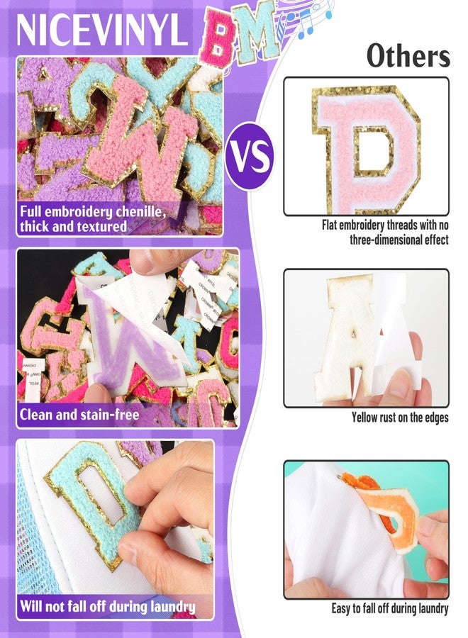 NICEVINYL Chenille Letters Patches Self-Adhesive for Clothing: NICEVINYL 130pcs Multicolor Preppy Varsity Stick on Initial Letter Patch for Fabric - Colorful A-Z Alphabet Stickers for Makeup Bags Trucker Hat - Image 4