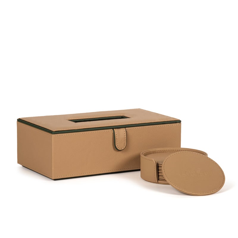 CASA BOTANICAL Leather Car Tissue Box & Tea Coasters Combo - Set of 2 (Beige) | Napkin Holder & Tissue Dispenser for Cars, Office, Dining Room, Home Decor - Image 1