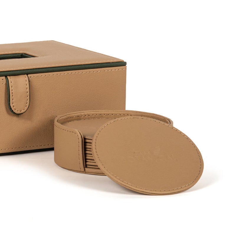 CASA BOTANICAL Leather Car Tissue Box & Tea Coasters Combo - Set of 2 (Beige) | Napkin Holder & Tissue Dispenser for Cars, Office, Dining Room, Home Decor - Image 2