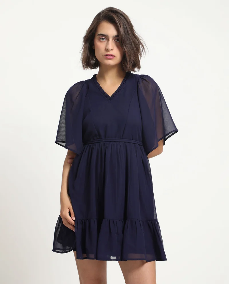 Rareism Women's Ruffled V-Neckline Flutter Sleeve Dress