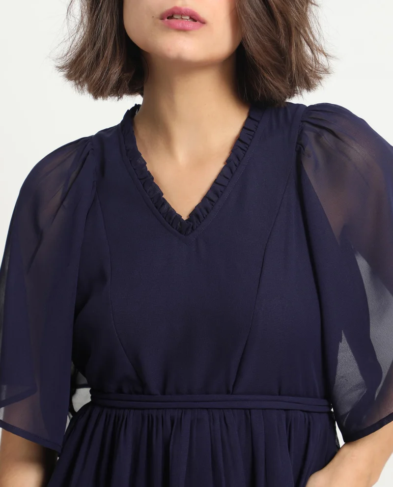 Rareism Women's Ruffled V-Neckline Flutter Sleeve Dress