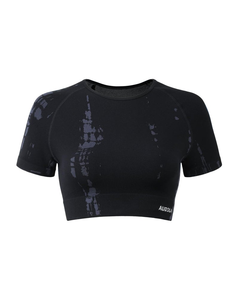 AUROLA Serpent Snake Seamless Workout T-Shirts for Women,Short Sleeve Crop Top Gym Yoga Athletic Shirts Tee,Black,S - Image 1