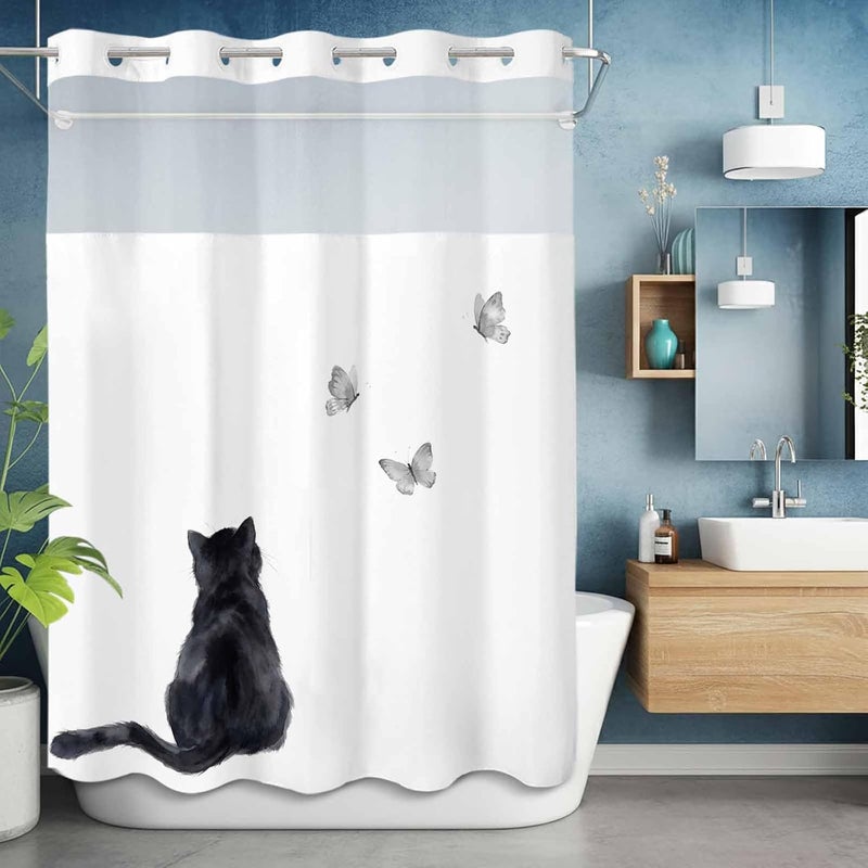No Hook Shower Curtain and Liner Set, Black Cat Snap in Shower Curtain Set, Funny Cute Cats Grey Butterfly Animals Waterproof Fabric Bathroom Curtain with See Through Top Window 48"x72" - Image 5