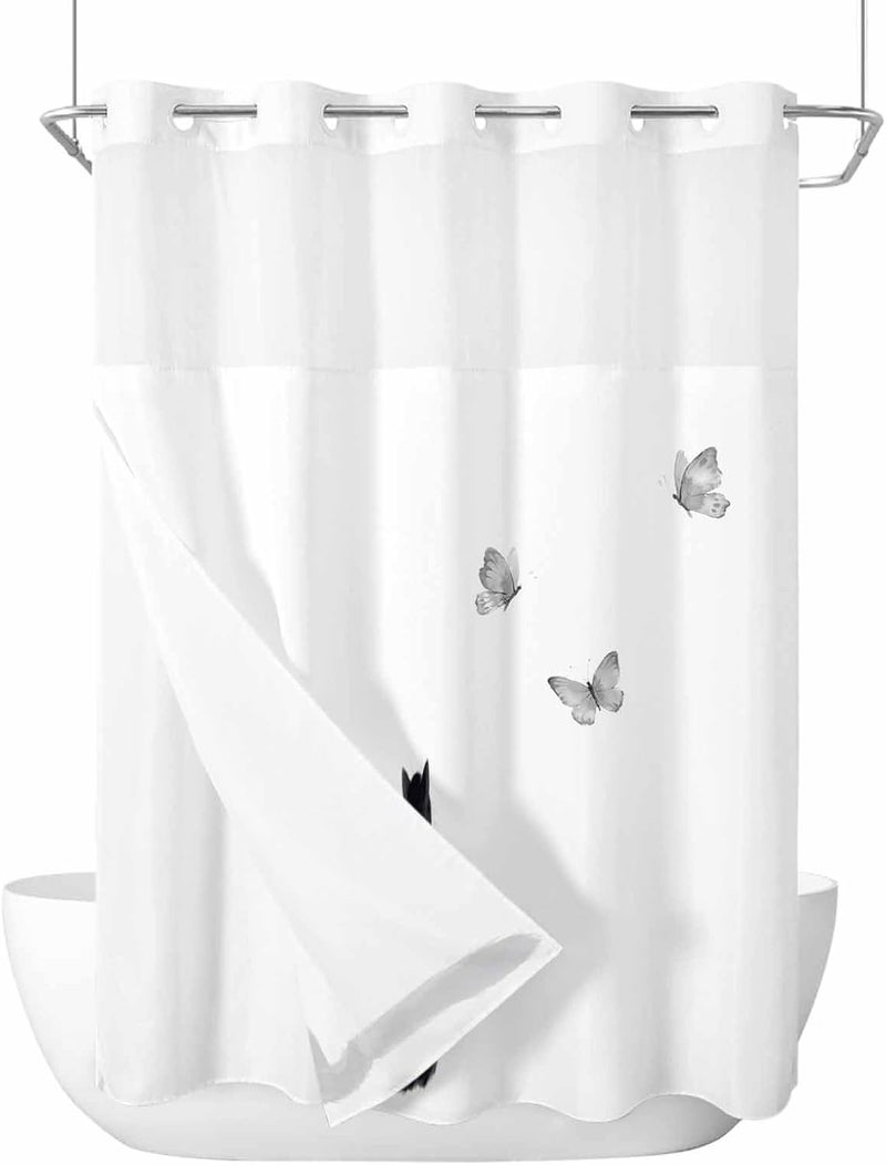 No Hook Shower Curtain and Liner Set, Black Cat Snap in Shower Curtain Set, Funny Cute Cats Grey Butterfly Animals Waterproof Fabric Bathroom Curtain with See Through Top Window 48"x72" - Image 1