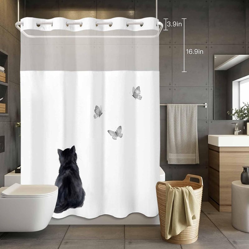 No Hook Shower Curtain and Liner Set, Black Cat Snap in Shower Curtain Set, Funny Cute Cats Grey Butterfly Animals Waterproof Fabric Bathroom Curtain with See Through Top Window 48"x72" - Image 4