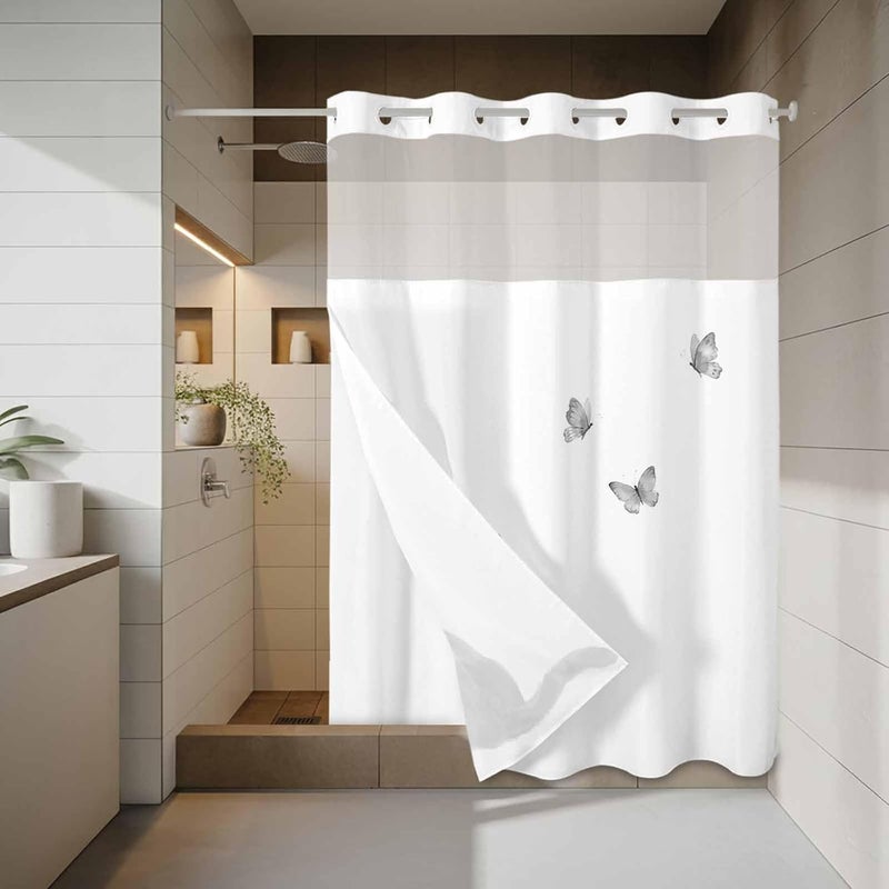 No Hook Shower Curtain and Liner Set, Black Cat Snap in Shower Curtain Set, Funny Cute Cats Grey Butterfly Animals Waterproof Fabric Bathroom Curtain with See Through Top Window 48"x72" - Image 3