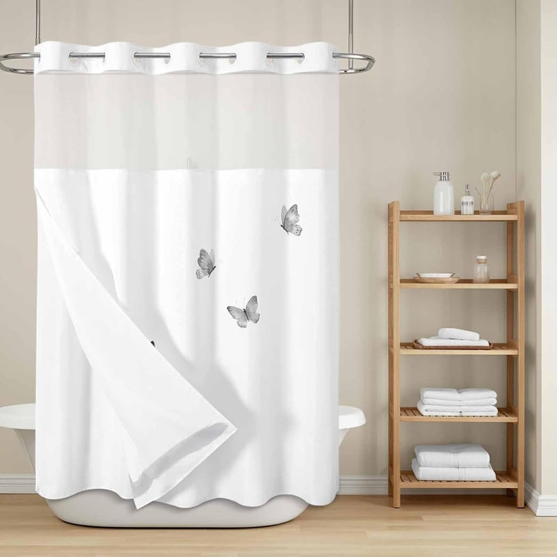 No Hook Shower Curtain and Liner Set, Black Cat Snap in Shower Curtain Set, Funny Cute Cats Grey Butterfly Animals Waterproof Fabric Bathroom Curtain with See Through Top Window 48"x72" - Image 2